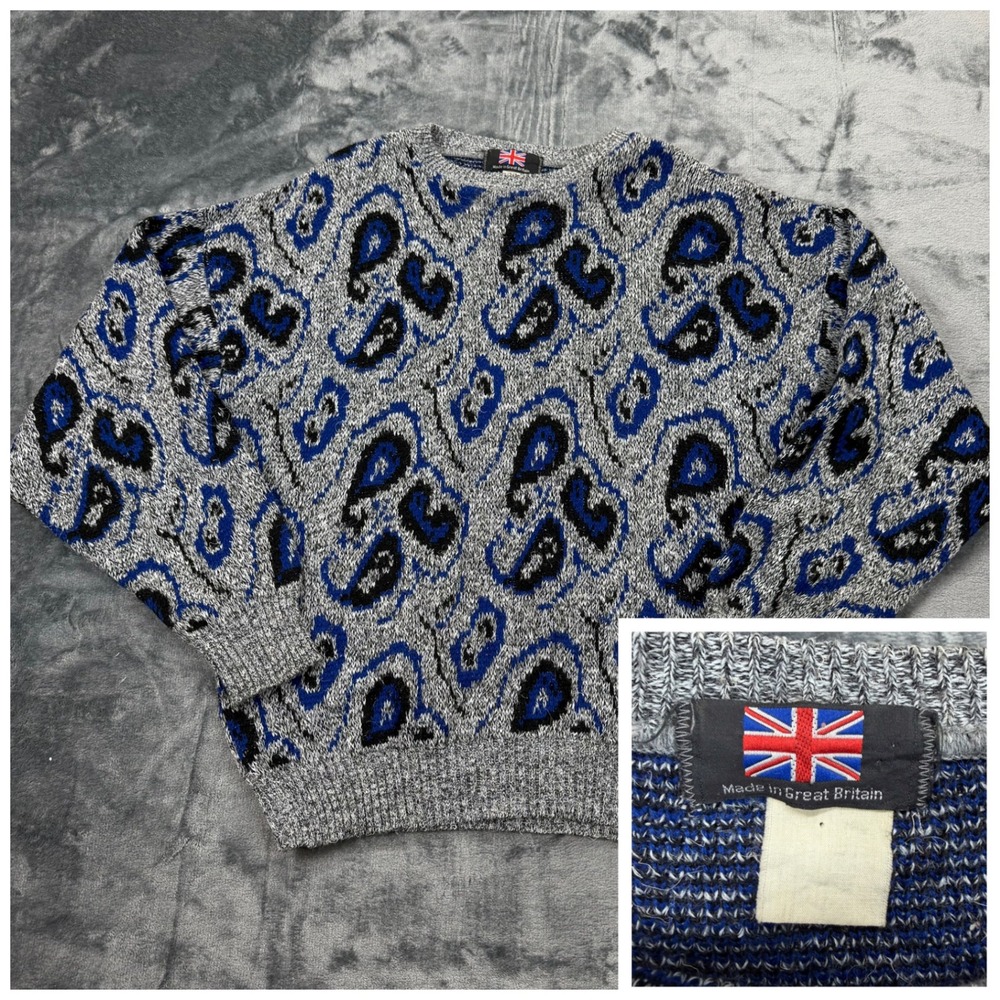 Vintage Made‎ in Great Britain Paisley Knit Sweater Mens Medium Grey Blue Black